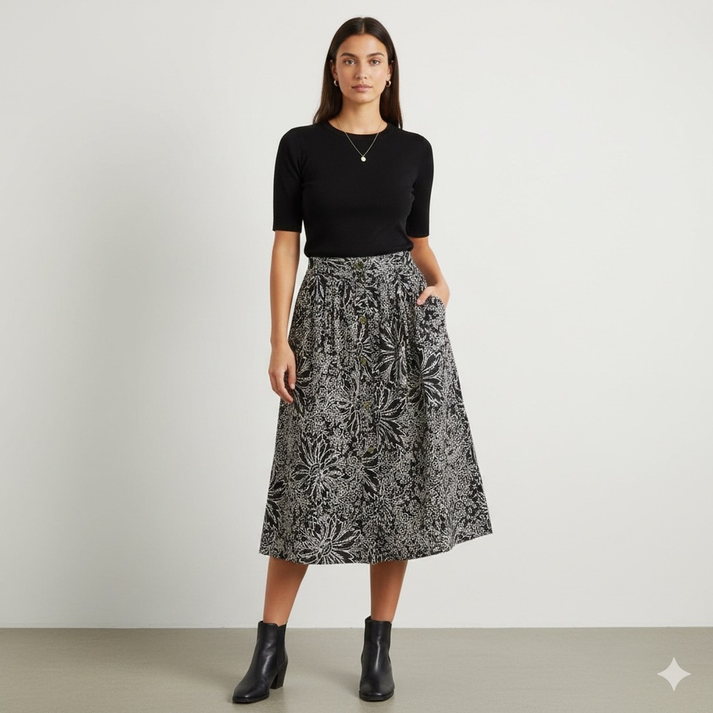 Size 14 Cachareal French Midi Black & White Floral Print - Picture 1 of 9